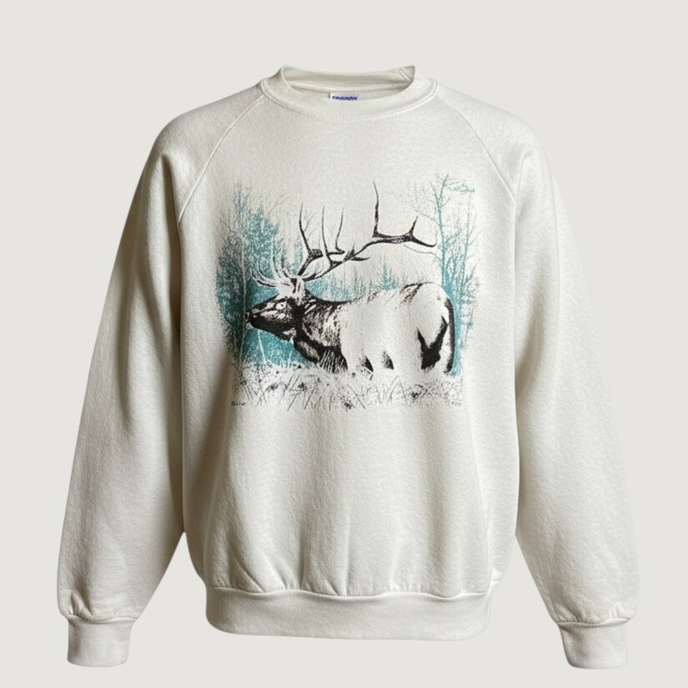Vintage 1990 Fruit of the Loom Elk Graphic Sweatshirt Mens XL White Made in USA